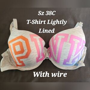 VS Pink T-Shirt Lightly Lined Bra 38C NWT Grey w/ Rainbow Old School Block Print